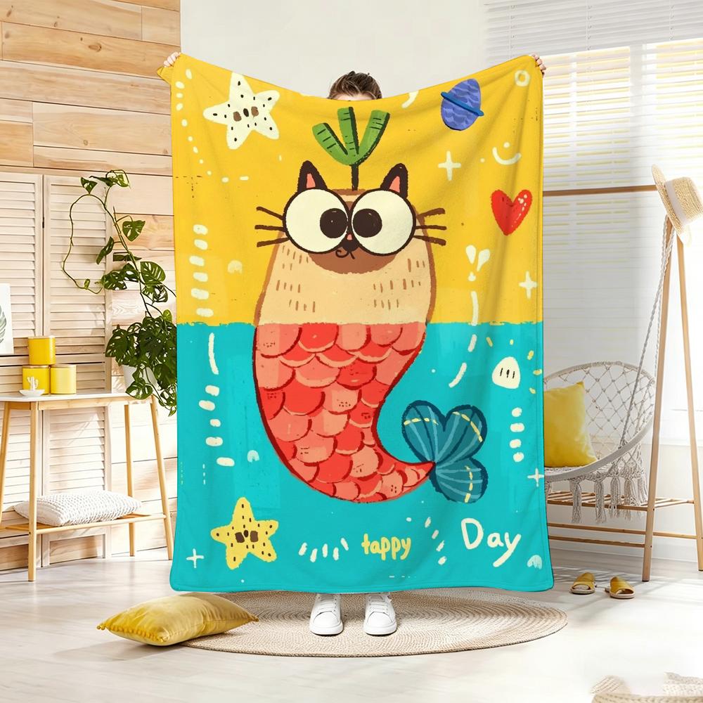 Painting Cute Cat And Fish Throw Lightweight g Flannel Blanket Soft Skinfriendly for Summer Cooling