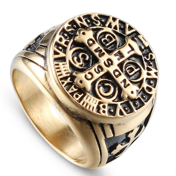 

Mens Catholic St Saint Benedict Cross Ring Stainless Steel Exorcism Medal 13 золотий