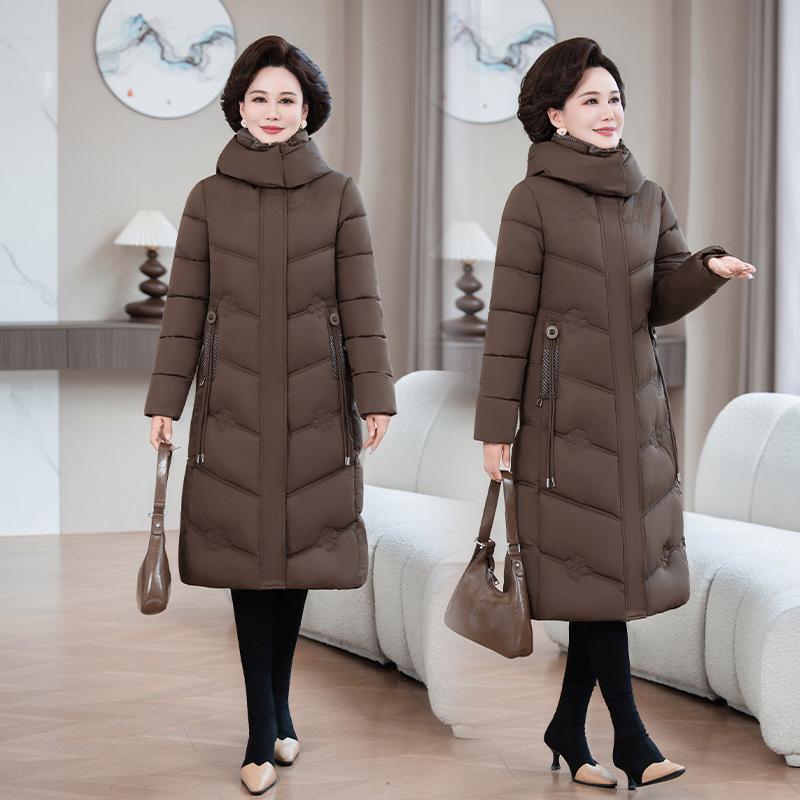 Women's XL-7X Down Cotton Long Jacket - Over-the-Knee Slimming Outerwear for Middle-Aged and Elderly