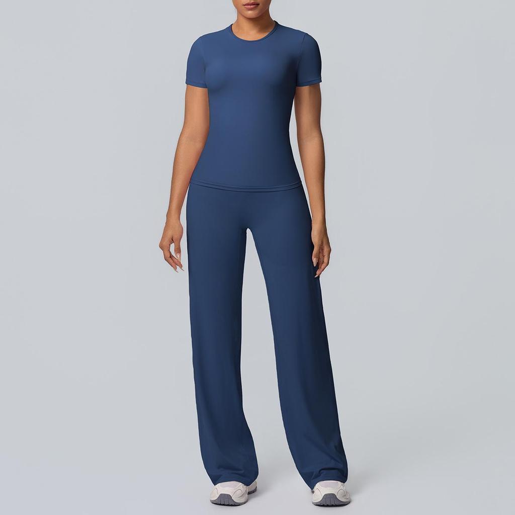 Tvådelad Enfärgad Yoga-dräkt: Dubbelsidig borstad långärmad topp med vida byxor för träning, löpning och fitness