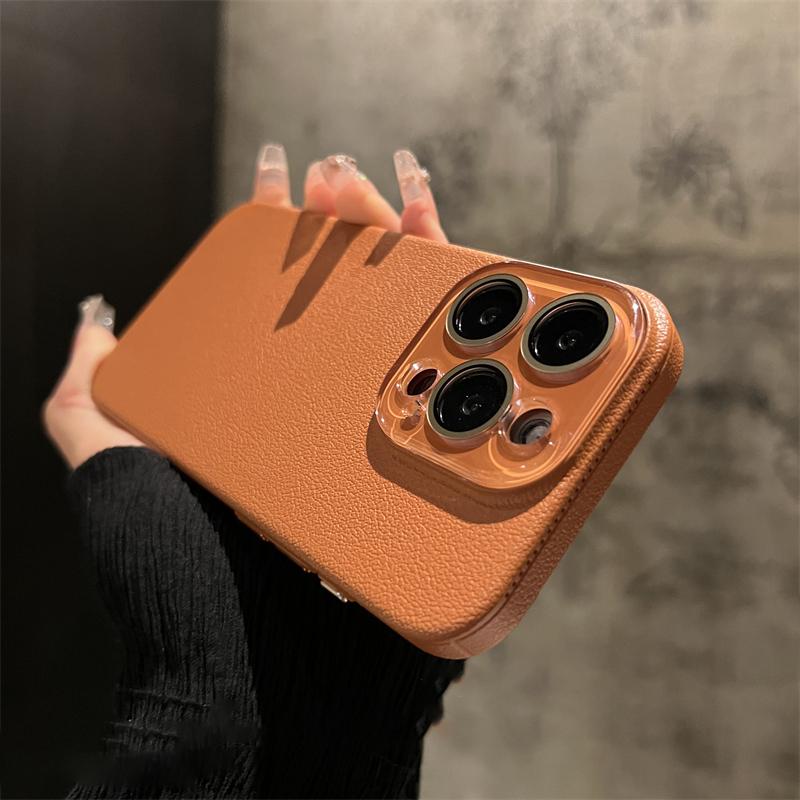 Crystal Glass Lens Protection Lychee Textured Leather Case for iPhone 15 Pro Max 14 13 12 Shockproof Protection Hard PC Cover