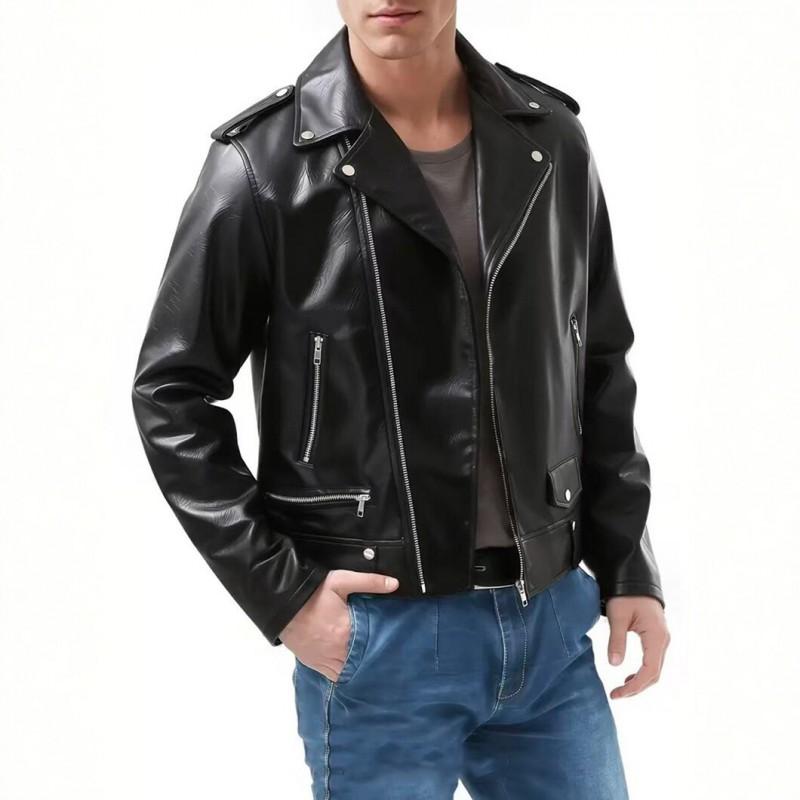 Mens PU Leather Biker Jacket Slim Fit Vintage Style Collar Zipper Casual Outerwear