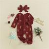 Newborn Baby Girl Christmas Oblique Zipper Romper Long Sleeve O Neck Print Jumpsuit with Headband