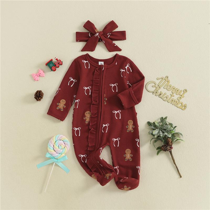 Newborn Baby Girl Christmas Oblique Zipper Romper Long Sleeve O Neck Print Jumpsuit with Headband