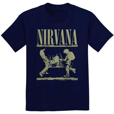 Maglietta Uomo Blu Navy 100% Cotone con Logo Ufficiale Nirvana Stage Band Top Tee Nirvana