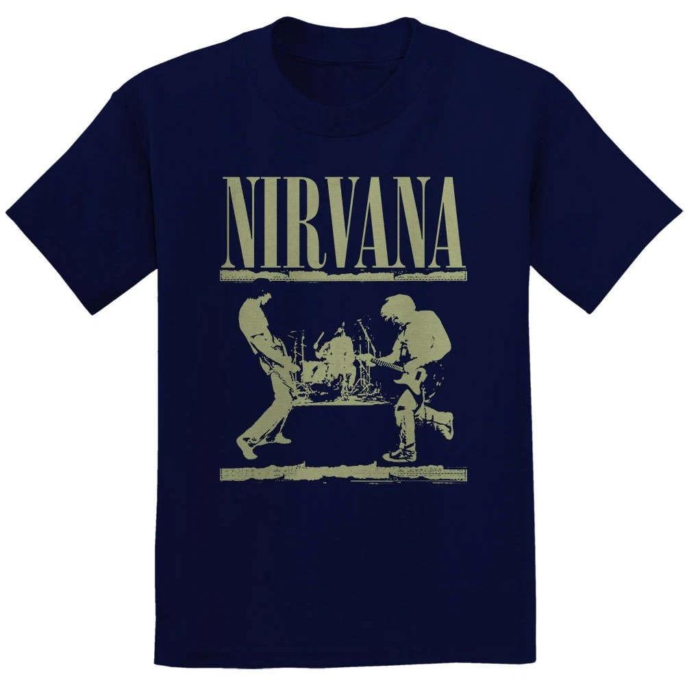 

Officially licensed Nirvana Stage Band Logo Mens Navy Blue 100% Cotton T-shirt Mens Tees Top Nirvana Tee 3XL