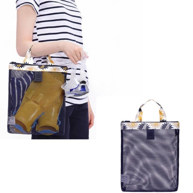 Zomerse strandtas met mesh opbergruimte, reistas van Oxford-stof, multifunctioneel, modern, minimalistisch, blauw met bloemenprint