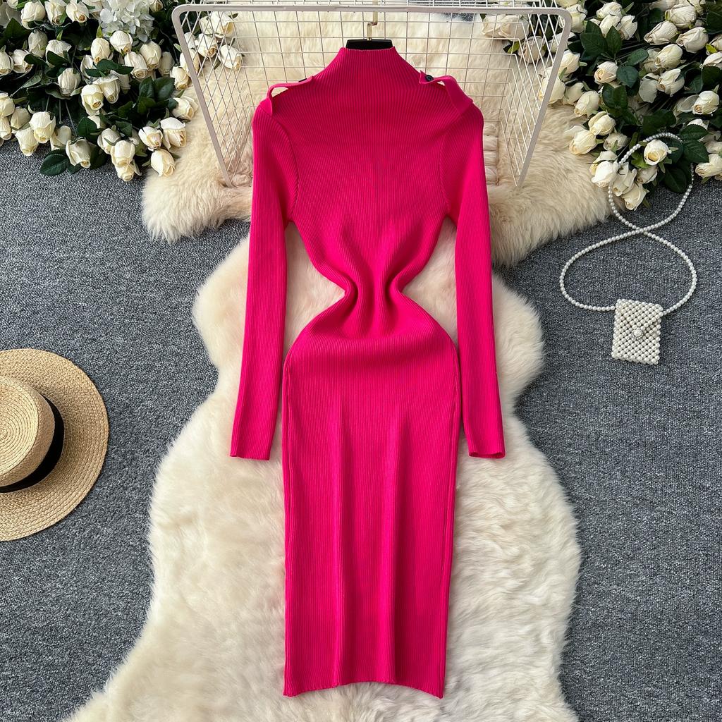 Φθινοπωρινό Χειμωνιάτικο Γυναικείο Κομψό Πλεκτό Πουλόβερ με Όρθιο Γιακά Εργασία Γραφείου Μακρύ Μίντι Στενό Φόρεμα Σωλήνας