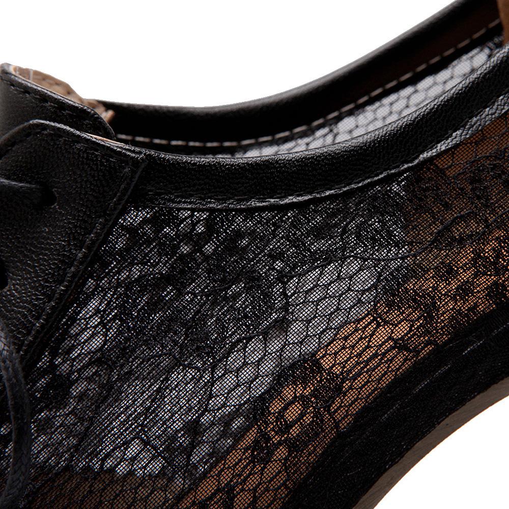 Fashion 2025 New Women Lace Mesh Breathable Pumps Shallow Brogue Shoes Ladies Vintage Oxford Shoes Lace-Up Chunky High Heels Female34-43