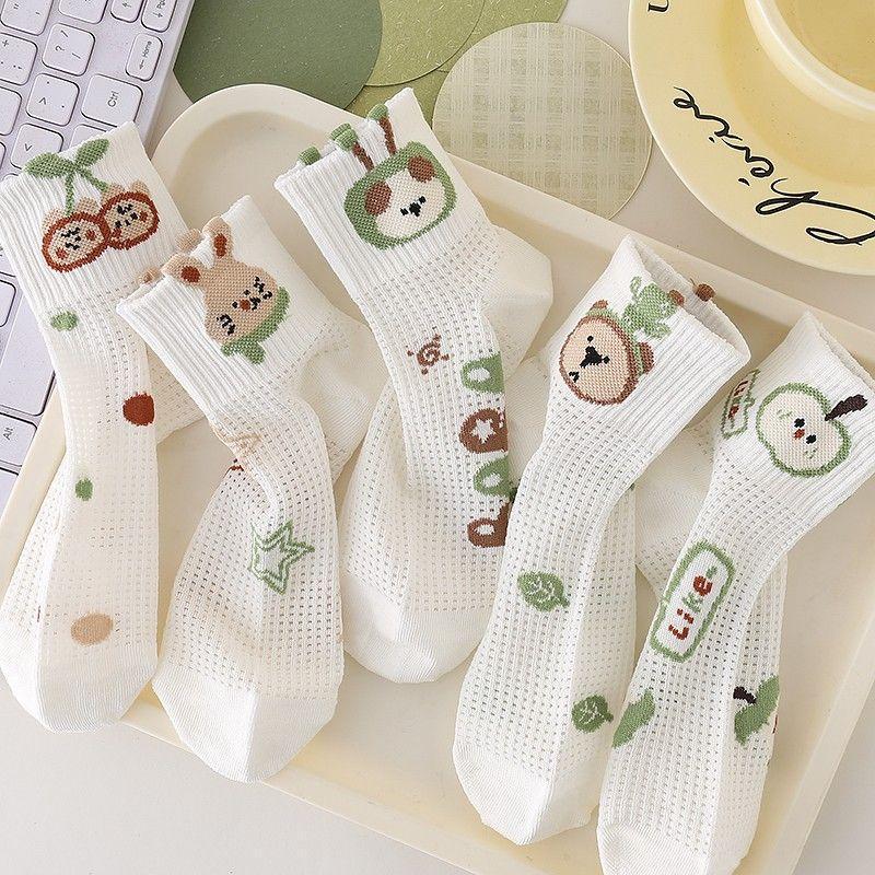 5 Pairs of Breathable Mesh Mid-Calf Lace Socks for Baby Girls - Perfect for Spring/Autumn