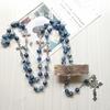 62KD Blue Acrylic Rosary Necklace Long for Cross Pendant Catholic Christian Necklace Religious Jewelry for Men Women Charm Gift