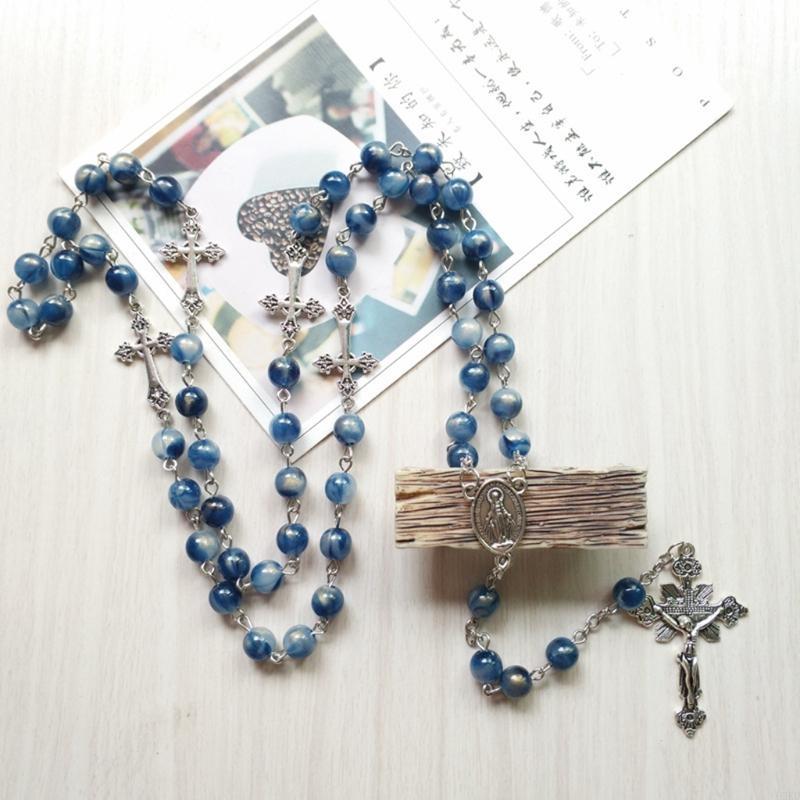 62KD Blue Acrylic Rosary Necklace Long for Cross Pendant Catholic Christian Necklace Religious Jewelry for Men Women Charm Gift
