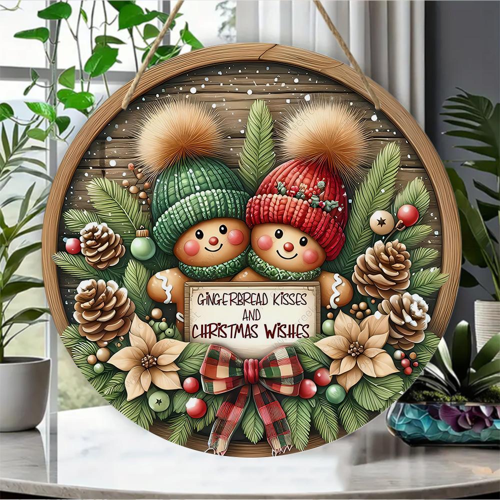 Gingerbread couple Christmas decor Round Wooden Hanging Plaque festive wall sign rustic holiday ornament for front door home party supplies