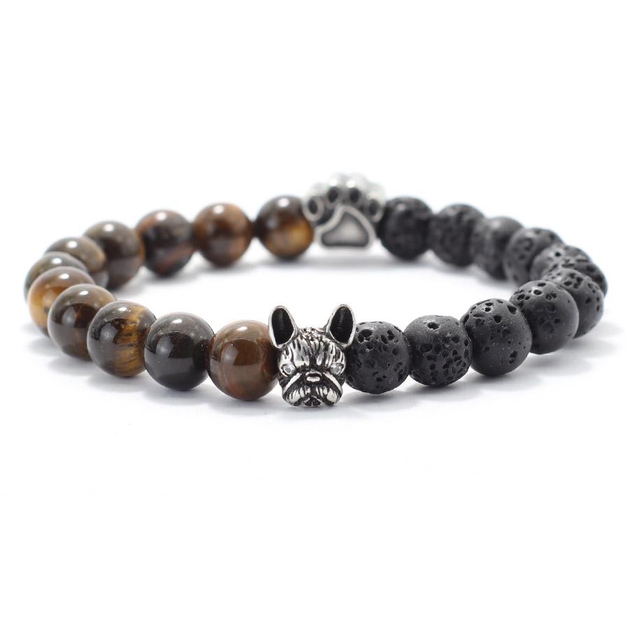 

Браслет из латуни для мужчин с натуральным тигровым глазом и вулканическим камнем, браслет с бусинами из нержавеющей стали, собачья лапа, парная цепочка, подарочные украшения дубильная кора