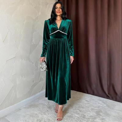 Women's Fashion Spring Fall Solid Color Print Long Sleeve V-Neck High Waist Casual Dresses