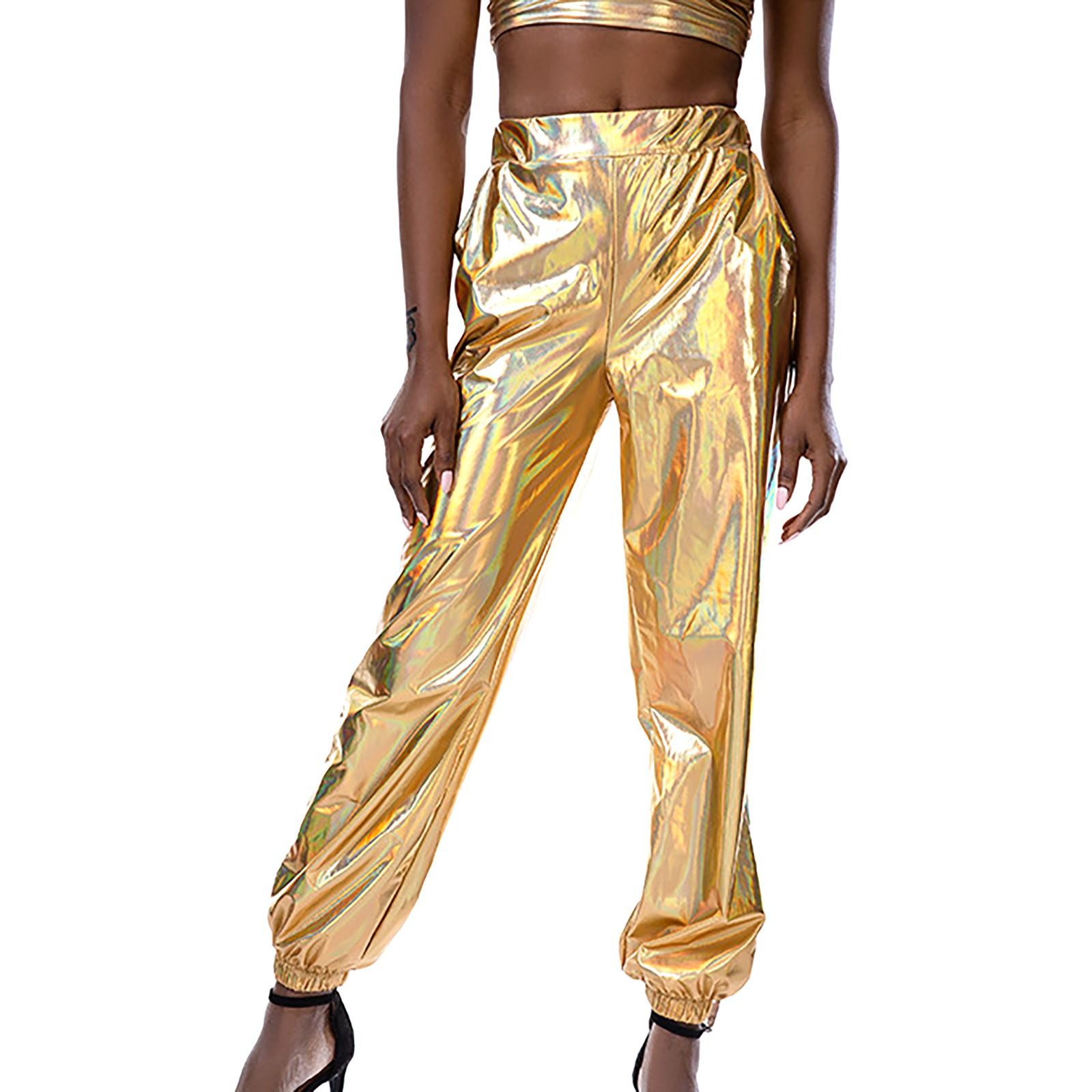 

Женские блестящие брюки Эластичные спортивные брюки Свободные повседневные длинные брюки для отдыха Спортивные штаны Беговые штаны Эластичные леггинсы Вечеринка Дискотека Клубная одежда XXL золотой
