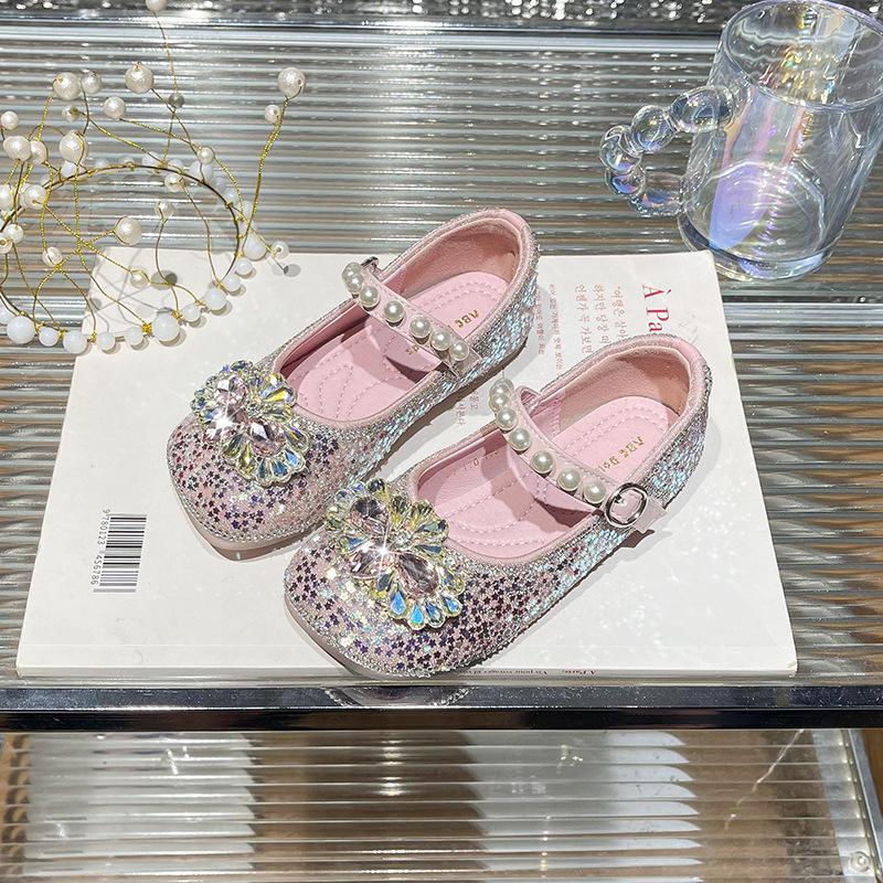 Tong Aisha crystal princess shoes season Xiaoxian foreign style pearl ladyshoes children's rhinestone single shoes