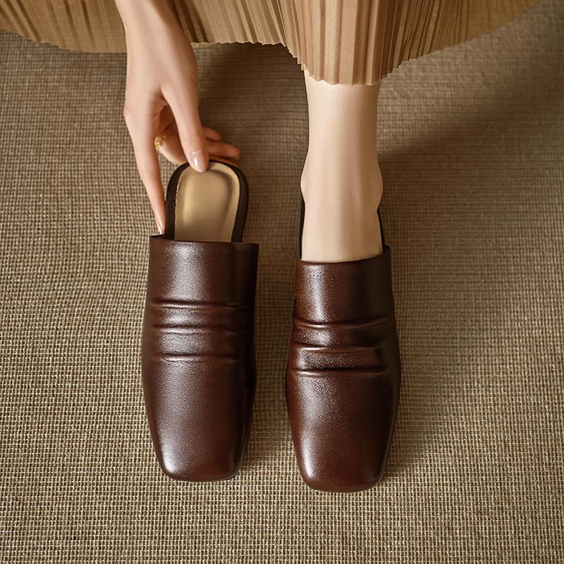 Fashion 2025 New Sandals Women's Genuine Leather Square Toe Slip-on Flats Summer Slippers Soft Comfortable Casual Female Outdoor Mules