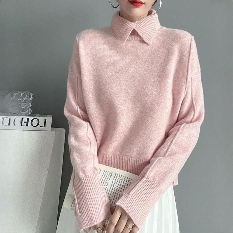 Women Blouse Solid Spring Turn Down Collar Sweater Loose Inner Wear Knit Wool Base Layer