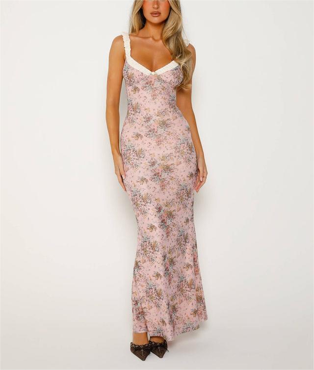 European and American sexy women's new spaghetti strap dress, floral sleeveless long dress, one-step dress