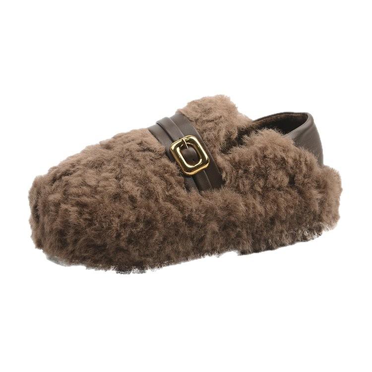 Two Women Wearing Fluffy Shoes 2025 New Autumn and Winter Thick-soled Heightening Belt Buckle Piled Thickened One Pedal Cotton Shoes Women