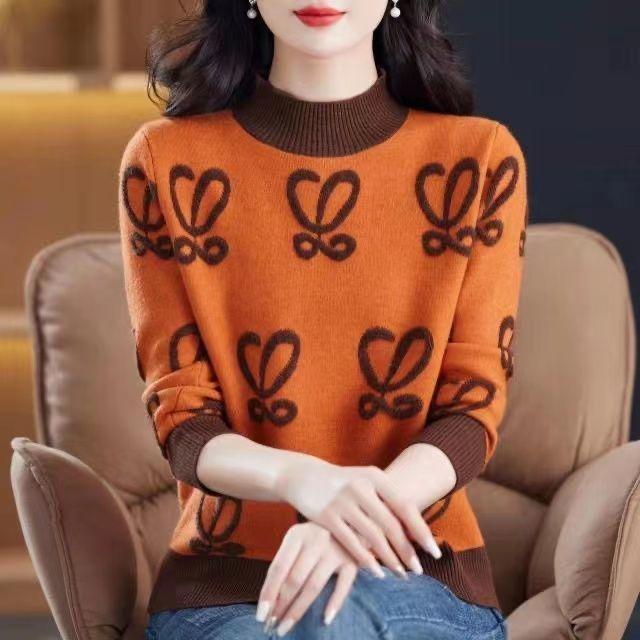 Fall/Winter Women's Print Sweater Half-Turtleneck Pullover Sweater Loose Casual Stretch Knitwear Knit Jumper