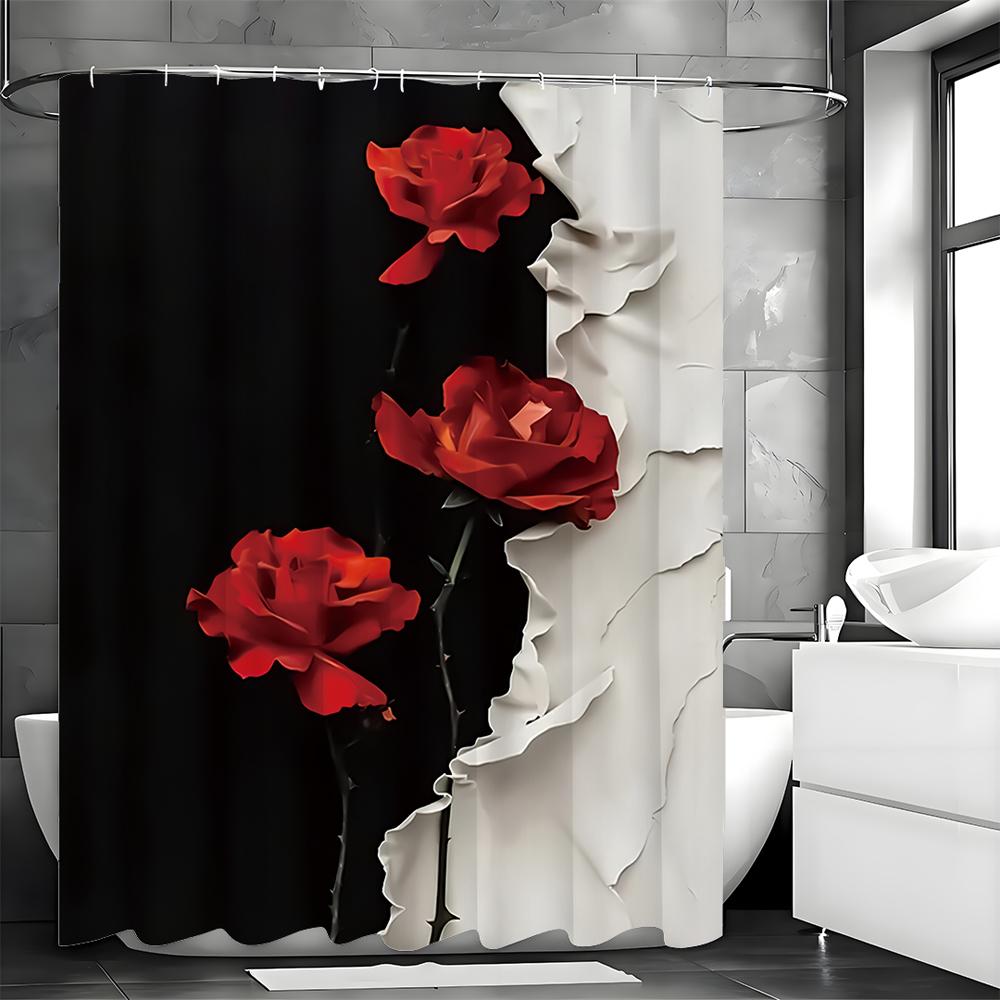Red Rose Black and White Shower Curtain, Bathroom Decorative Shower Curtain, Waterproof Shower Curtain with Hooks