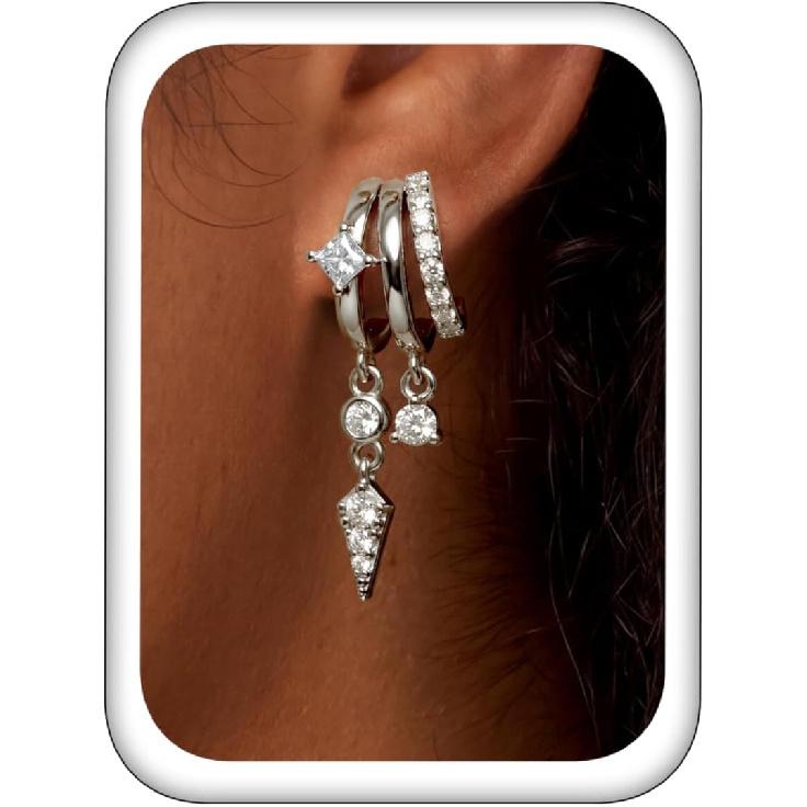 Triple Huggie Stacked Earrings for Women Gold Chain Drop Dangle Earrings Cute Statement CZ Earrings Trendy Dainty Jewelry Gift