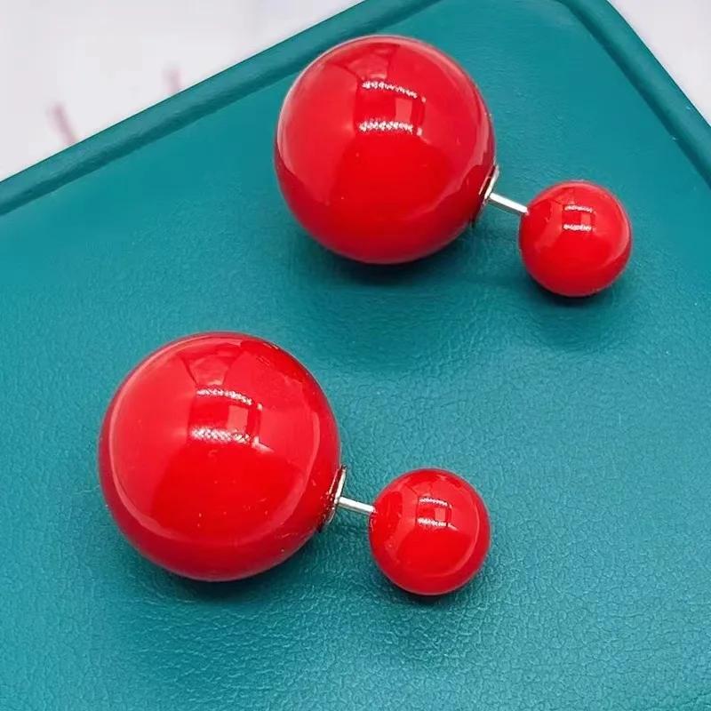 Red Color Big Imitation Pearl Stud Earrings for Women 8mm 14mm Simple Round Ball Brincos Jewelry Friend Christmas Girl Gift