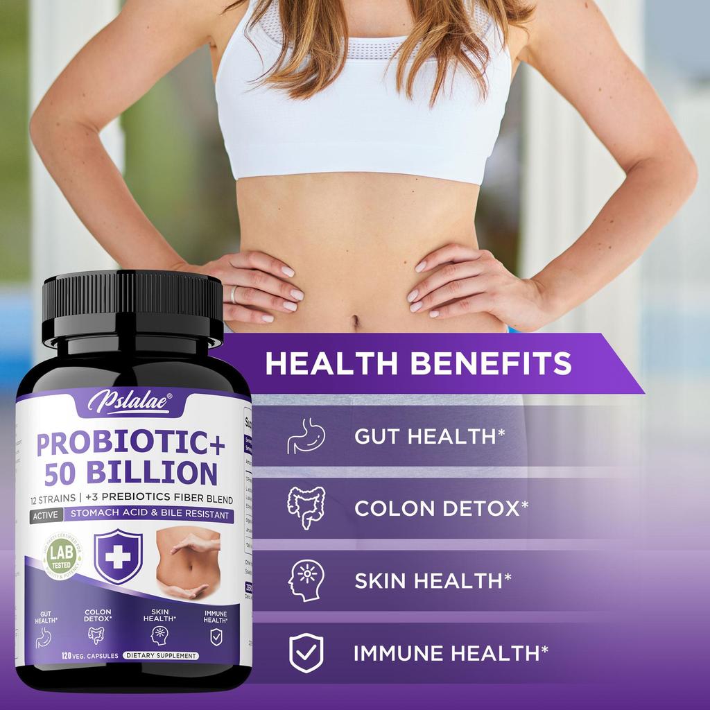 Probiotic 50 Billion CFU Enzyme Supplement, Capsule, 12 Strains with 3 Prebiotics, Digestive Health Support