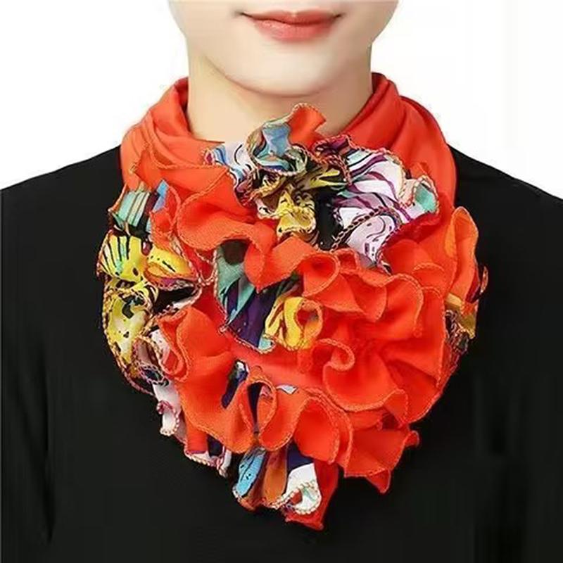 Floral Print Chiffon Neck Collar Ruffles Fake Collar Elegant Women Neckerchief Detachable Neck Warm Instant Scarf 23*14Cm