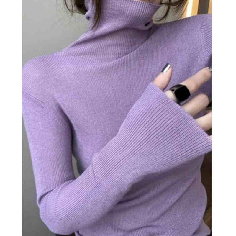 Women's High Neck Knitted Base Sweater Women's Autumn and Winter Pile Neck Thin Sweater