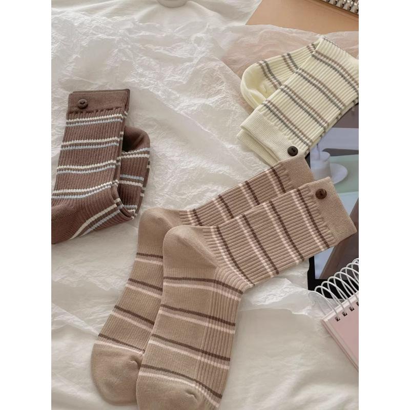 Female Spring and Autumn Cotton Striped Preppy Air Micro Pressure Button Anti Pilling Boneless Tube Socks