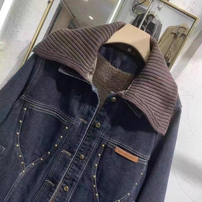 Chic Retro Lambswool-Lined Denim Jacket for Women - Stylish Loose Fit for Autumn/Winter