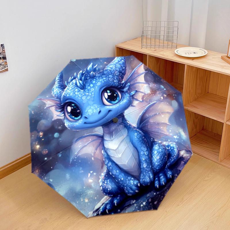 1 Stück Automatischer Faltregenschirm - Blaues Drachenmuster, Tragbares & Faltbares Design mit 8 Speichen, Weihnachts-Geburtstagsgeschenke