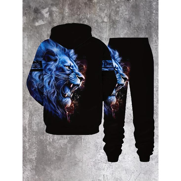 Men's Summer 3D Printed Casual Animal Print Hooded Sweatshirt Set, Fashionable 2pcs Outfit