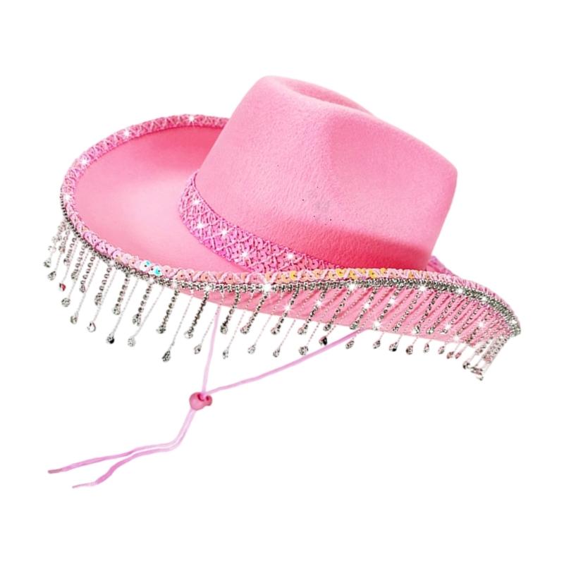 Decorative Rhinestones Bridal Hat With Lace Tassels Detailing Panama Hat for Bachelorette Party Stage Dancing