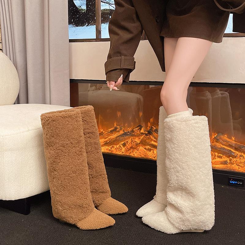 New Boots, Fluffy Boots, High Boots, Fashionable Trouser Tube Boots, Fashionable Wedge Heel, Pointed But Knee Boots