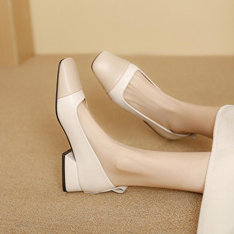 New women's fashion single low heel large size rubber sole square heel color matching casual and comfortable square head four seasons wear smal