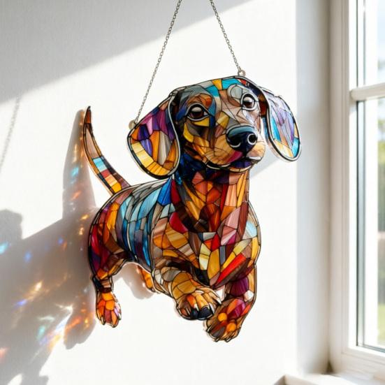 Colorful Dog Acrylic Puzzle Suncatcher Dachshund/Chihuahua Stained Glass Window Hanging Ornament Gifts for Women Dog Lovers
