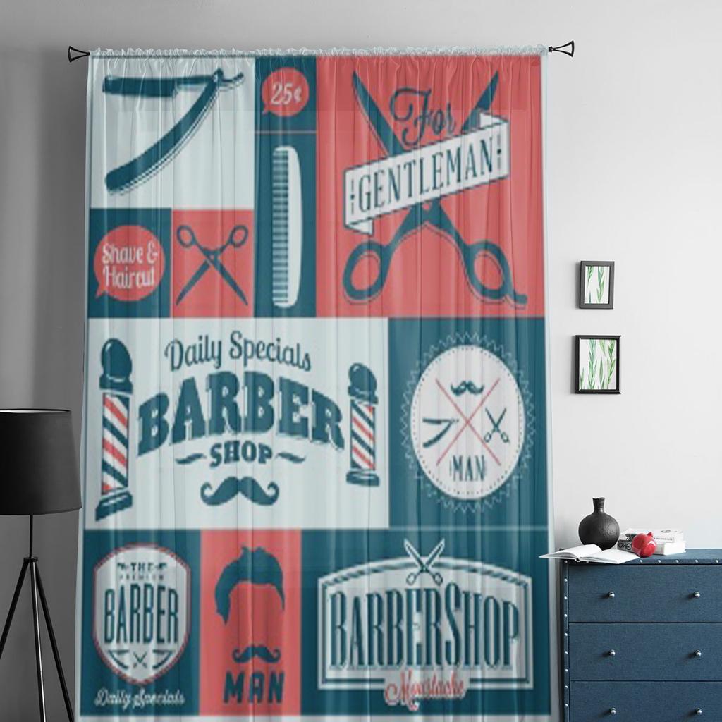 Set Of Vintage Barber Shop Graphics And Icons Chiffon Sheer Curtains for Living Room Bedroom Decor Window Voiles Tulle Curtain