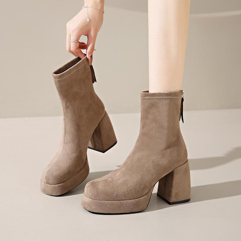 High-heeled short boots women's new spring and autumn suede thick-soled waterproof table thin boots versatile thick-heeled Martin boots
