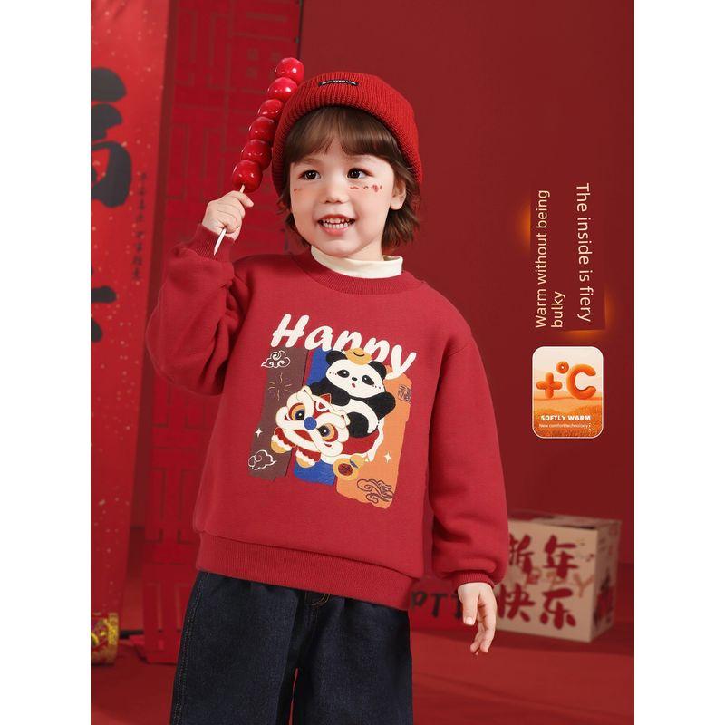 Right European Style Boys' New Year Printed Fleece Sweatshirt Winter New Style Children's Baby Thickened Warm Top