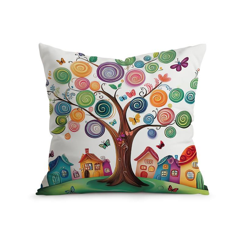 Colorful Trees Houses Pillowcase Printed 100% Polyester 45X45Cm Throw Pillowcover Decorative Sofa Cushion Pillowslip Home Decor