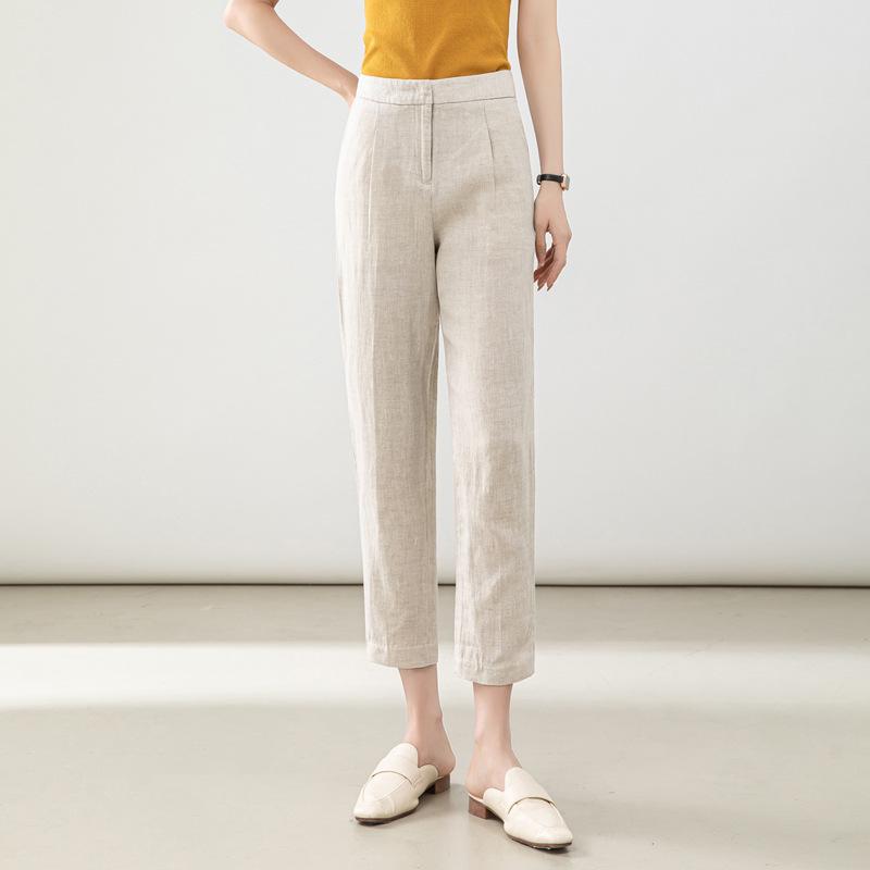Women's High-Waist Cotton Linen Cigarette Pants - Summer 2025, Petite Eight-Point Casual, Straight Leg