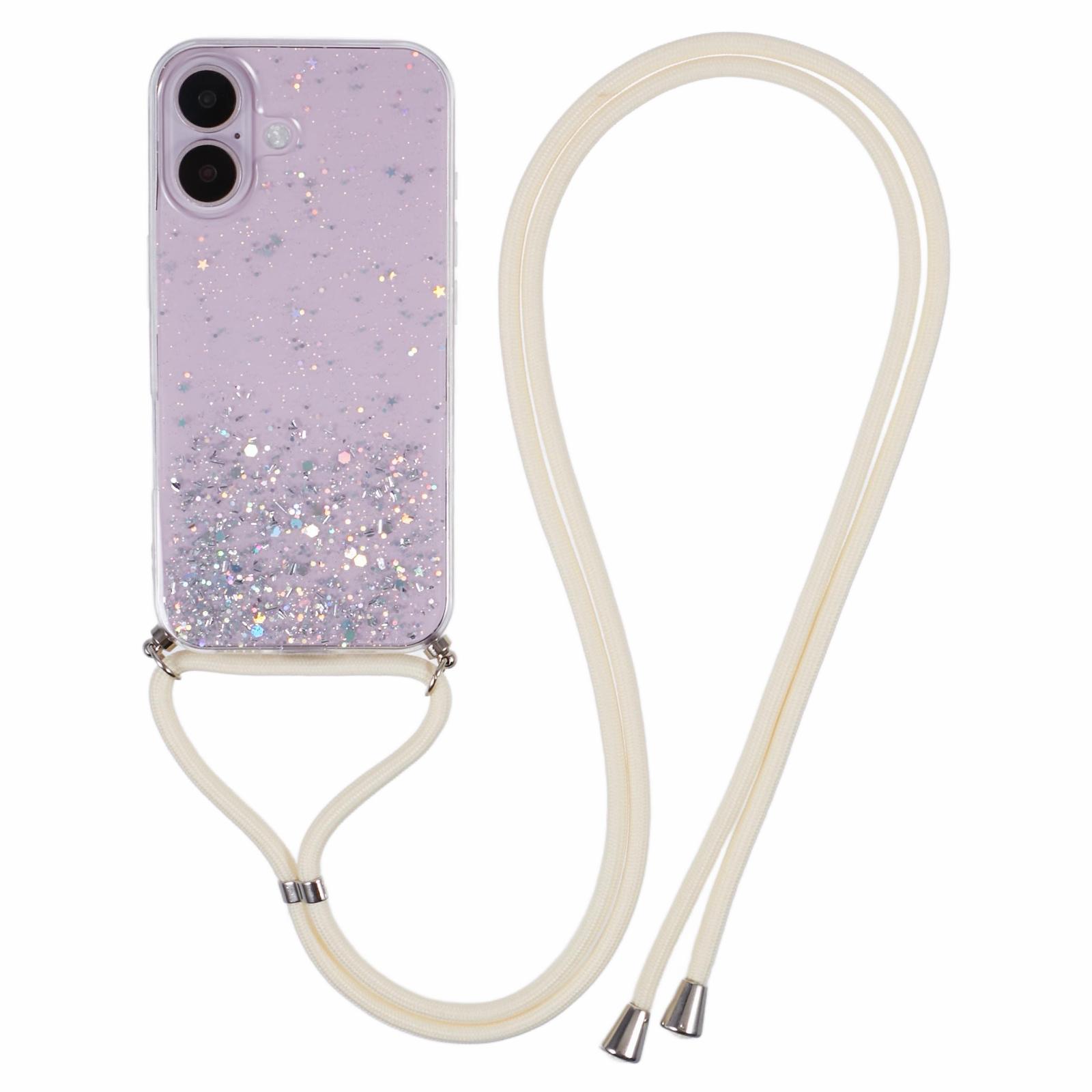 

AW Series For iPhone 16 Plus Case Soft TPU Sparkle Epoxy Phone Cover with Lanyard White