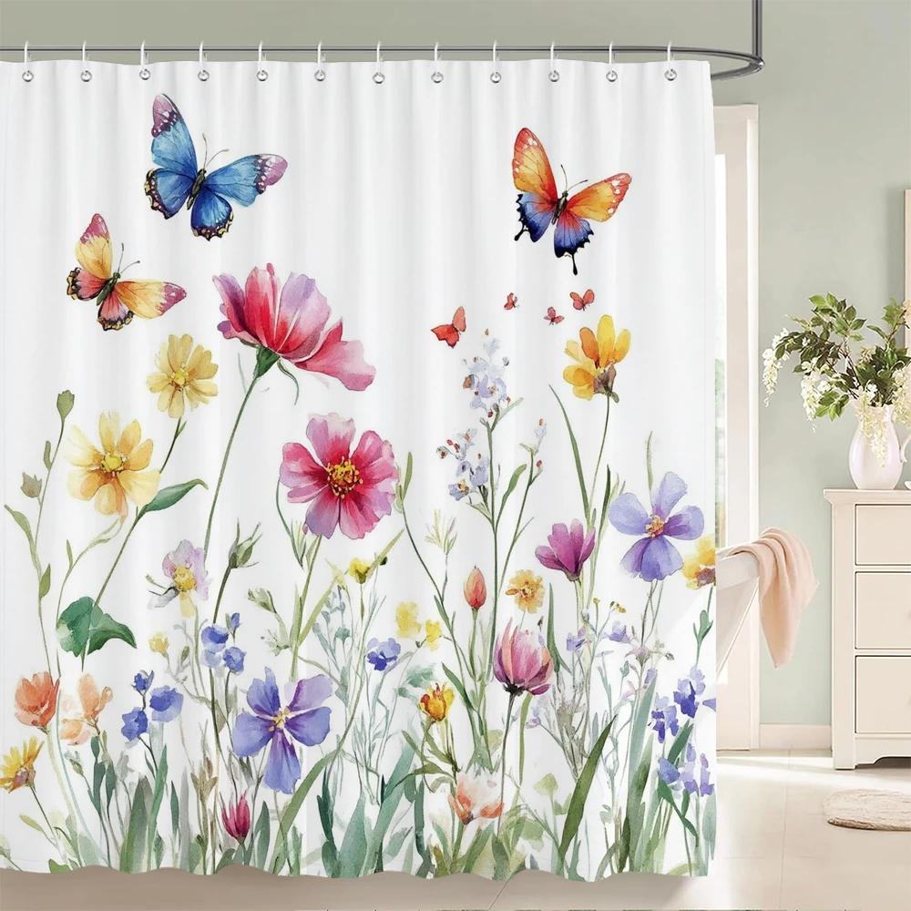 Elegant Flowers Shower Curtain 180x180cm Floral Printed Shower Curtain Polyester Bath Curtain Bathroom Decor Washable With Hooks