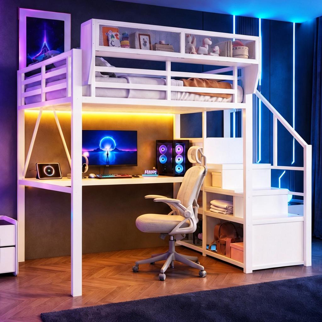 Loft Bed (140 x 200 cm), Metal Bed with LED Light Strip, Long Desk, Safety Ladder and Flexible Storage – Universal Bed for Adults and Children White