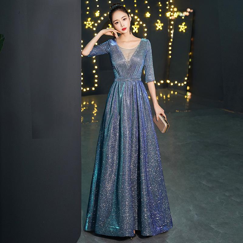 Blue Banquet Evening Dress Skirt Women's High-end Light Luxury Niche High-end Adult Ceremony Host Performance Dress