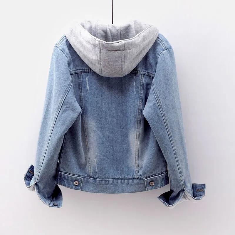 Cappotto in Denim con Cappuccio a Bottoni Singoli da Donna Capospalla Patchwork con Cappuccio Tasche Uniformi Streetwear Giacca Calda